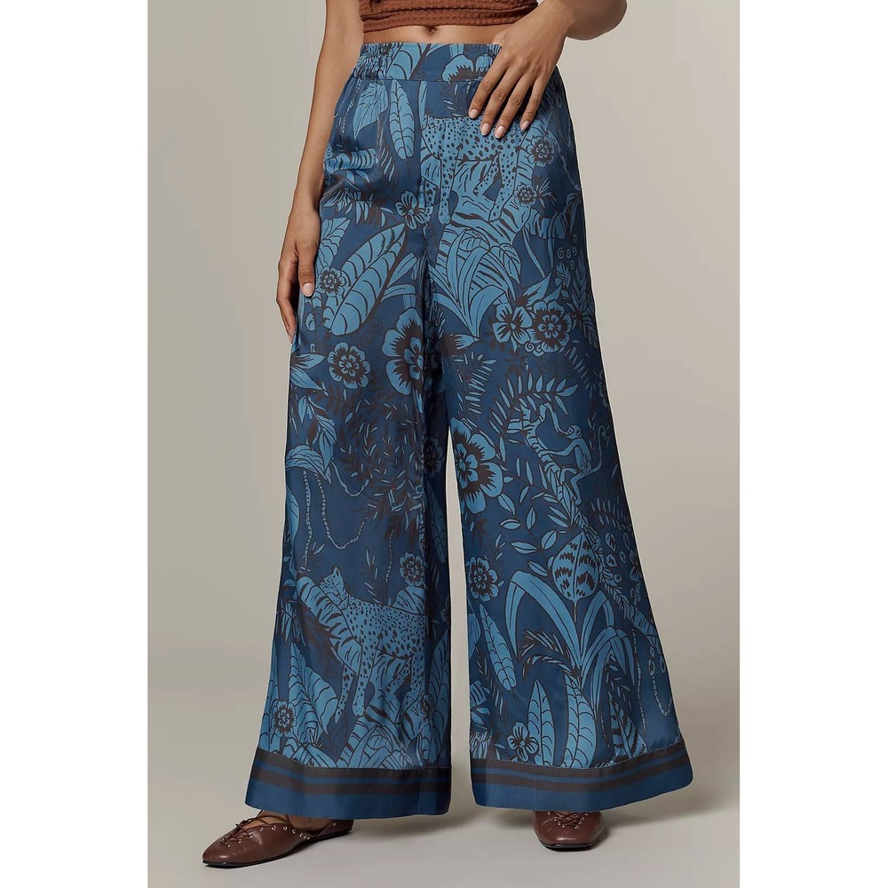 Farm Rio Anthropologie Silky Wide Leg Pants Medium Blue Jungle Resort Boho